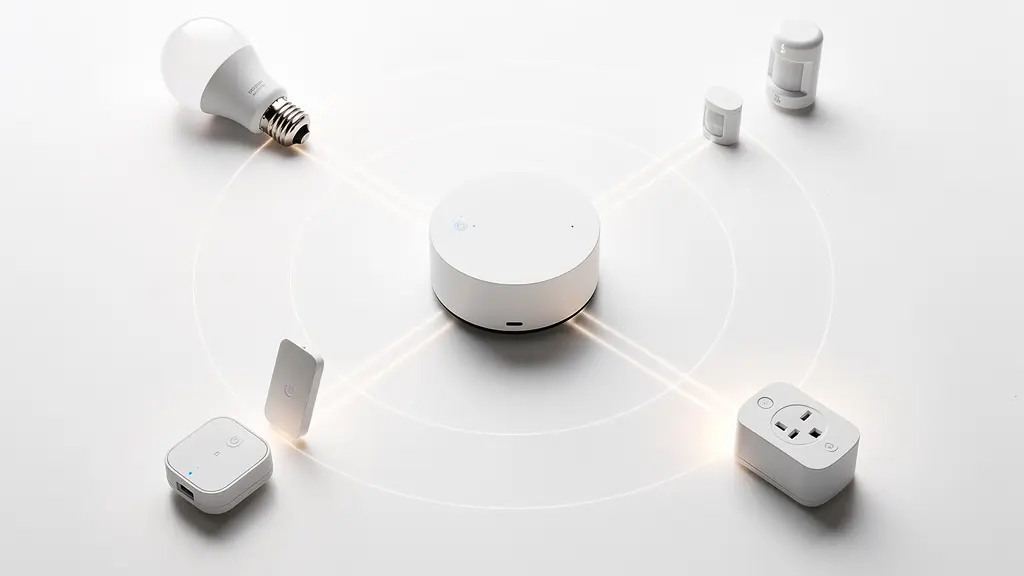 Vista cenital de un hub domótico central con dispositivos diversos conectados radialmente, simbolizando la compatibilidad