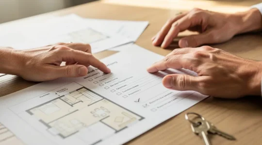 Manos de propietario e inquilino revisando juntos un inventario de alquiler detallado en mesa de madera con llaves de casa