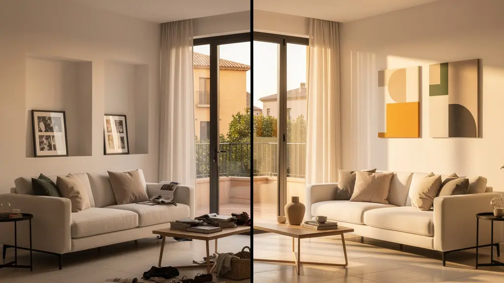 Sala de estar moderna con colores neutros y decoración minimalista preparada para home staging