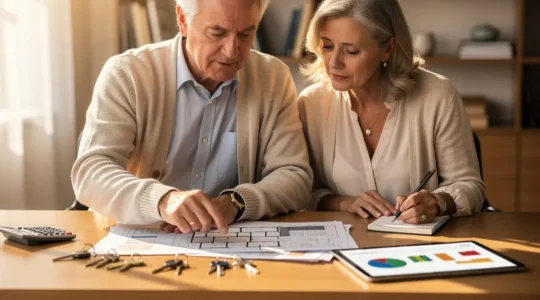 Pareja de jubilados analizando planos y documentos inmobiliarios en mesa de trabajo con calculadora y llaves de propiedades