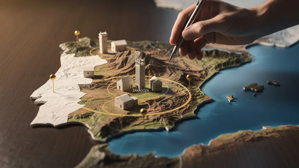 Mapa conceptual de España mostrando puntos de inversión estratégicos con elementos visuales de crecimiento
