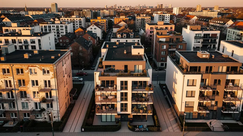 Vista aérea de edificios residenciales mostrando diferentes características que afectan al valor del alquiler