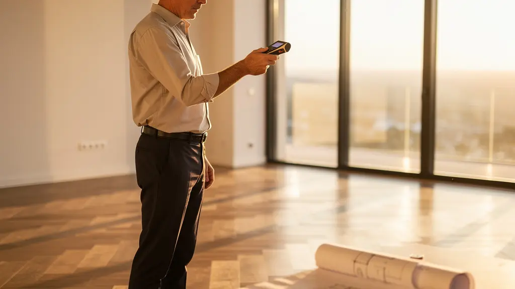 Arquitecto midiendo con láser digital la superficie real de un piso mientras revisa planos