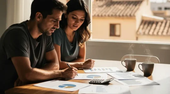 Pareja analizando datos del mercado inmobiliario español con gráficos y documentos sobre una mesa moderna