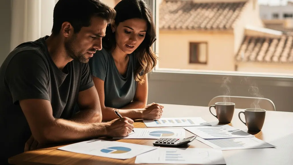 Pareja analizando datos del mercado inmobiliario español con gráficos y documentos sobre una mesa moderna
