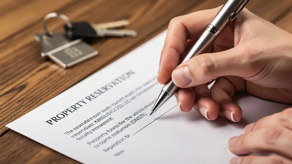 Manos firmando documentos de reserva inmobiliaria con llaves sobre mesa de madera
