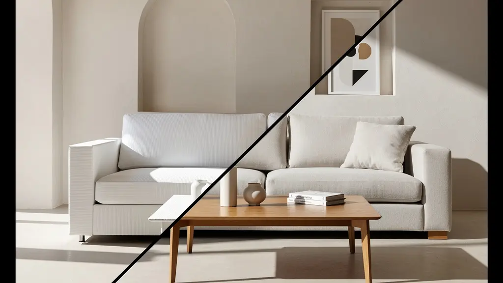 Comparación visual entre muebles de cartón y reales en un salón preparado para venta