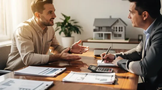 Negociación inmobiliaria profesional entre vendedor y comprador en oficina moderna