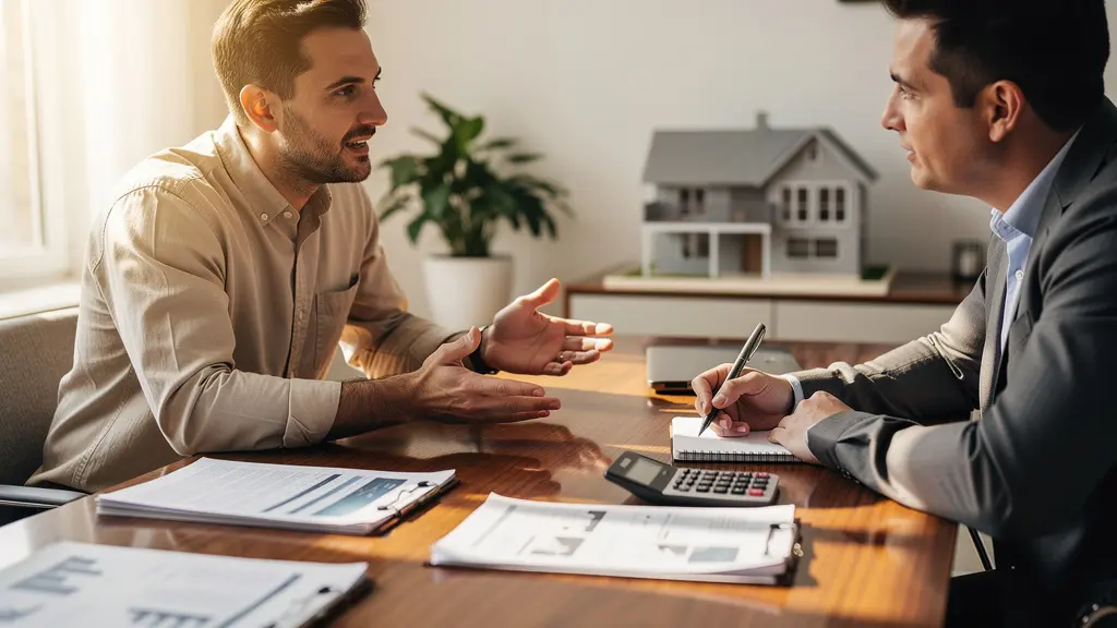 Negociación inmobiliaria profesional entre vendedor y comprador en oficina moderna