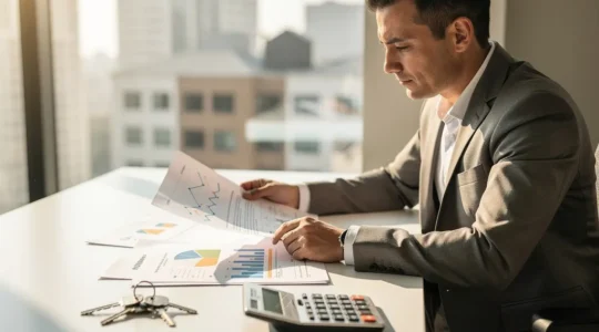 Profesional analizando documentación hipotecaria con calculadora y gráficos en escritorio moderno