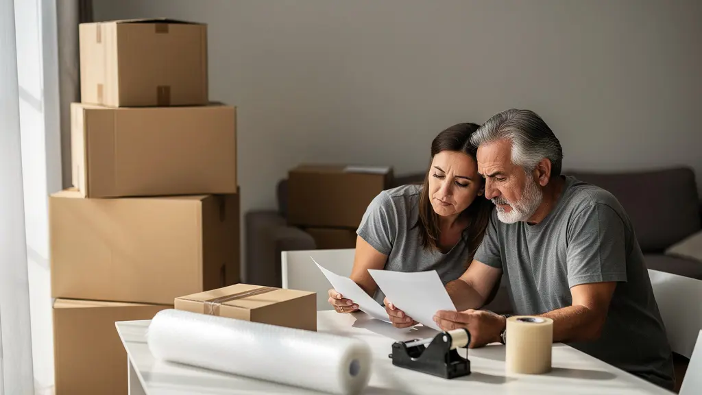 Familia organizando cajas de mudanza con calendario y documentos de compraventa sobre mesa