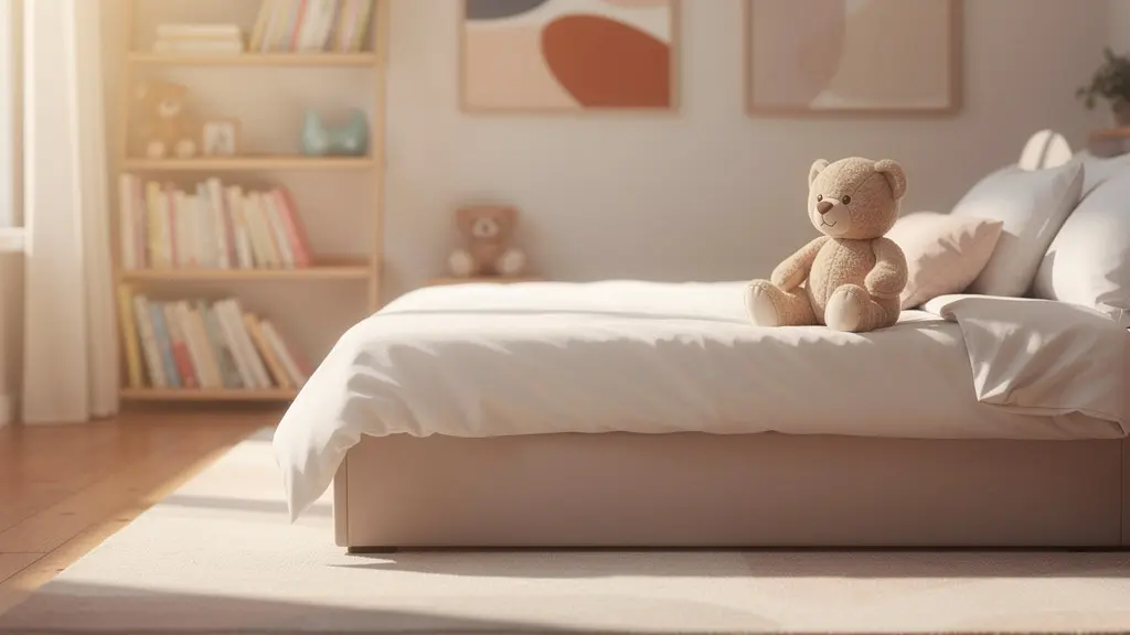 Habitación infantil ordenada con luz natural y un peluche estratégicamente colocado en la cama