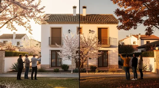 Casa moderna con dos escenarios estacionales mostrando decisiones de venta inmobiliaria