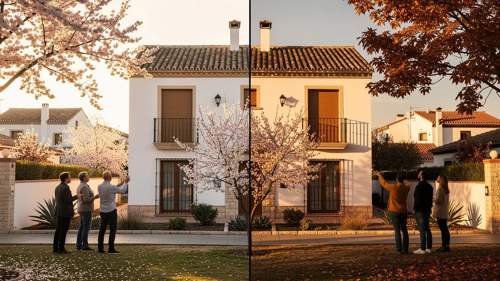 Casa moderna con dos escenarios estacionales mostrando decisiones de venta inmobiliaria