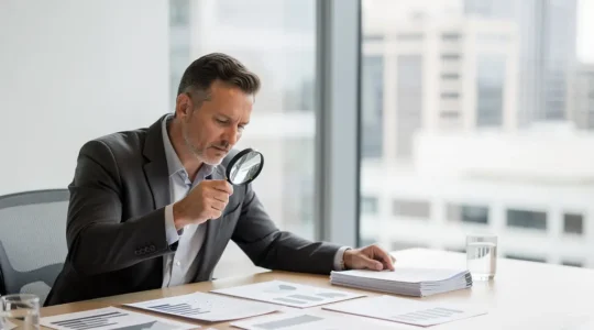 Propietario revisando minuciosamente documentación de candidatos a inquilino en una oficina moderna con luz natural