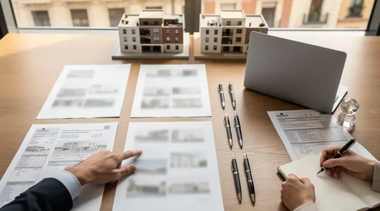 Inversores inmobiliarios revisando documentos fiscales con calculadoras y portátiles sobre mesa de trabajo profesional