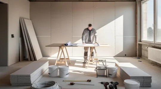 Vista interior de una vivienda durante su reforma integral con planos arquitectónicos y herramientas profesionales