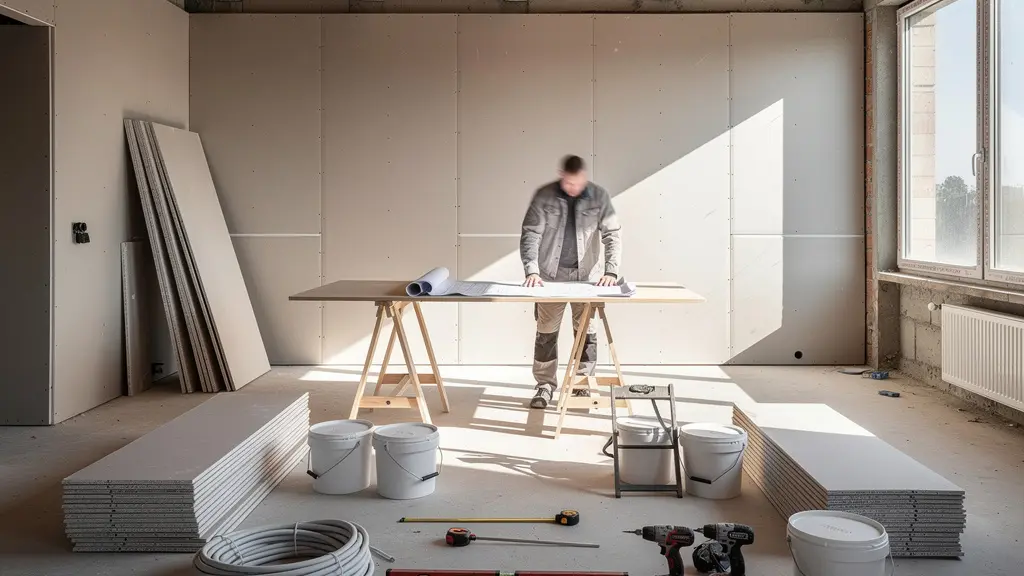 Vista interior de una vivienda durante su reforma integral con planos arquitectónicos y herramientas profesionales