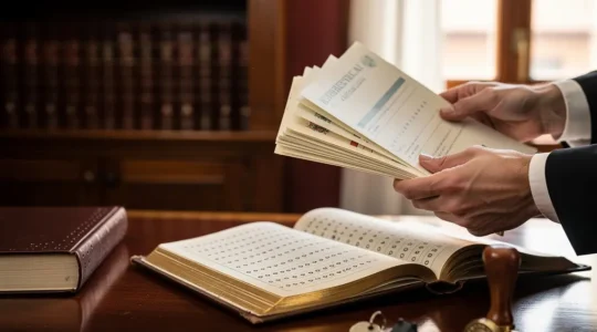 Profesional revisando documentación inmobiliaria con escrituras y libro de registro sobre mesa de madera