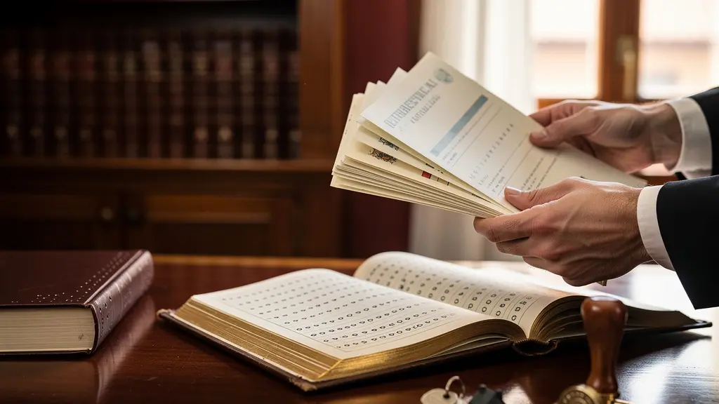 Profesional revisando documentación inmobiliaria con escrituras y libro de registro sobre mesa de madera