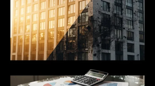 Inversión inmobiliaria con calculadora y documentos fiscales mostrando la diferencia entre rentabilidad bruta y neta
