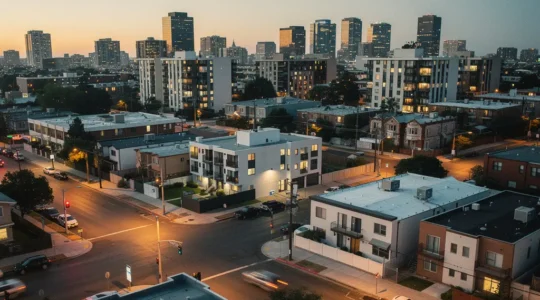 Barrio residencial al atardecer con diferencias de iluminación y seguridad entre zonas