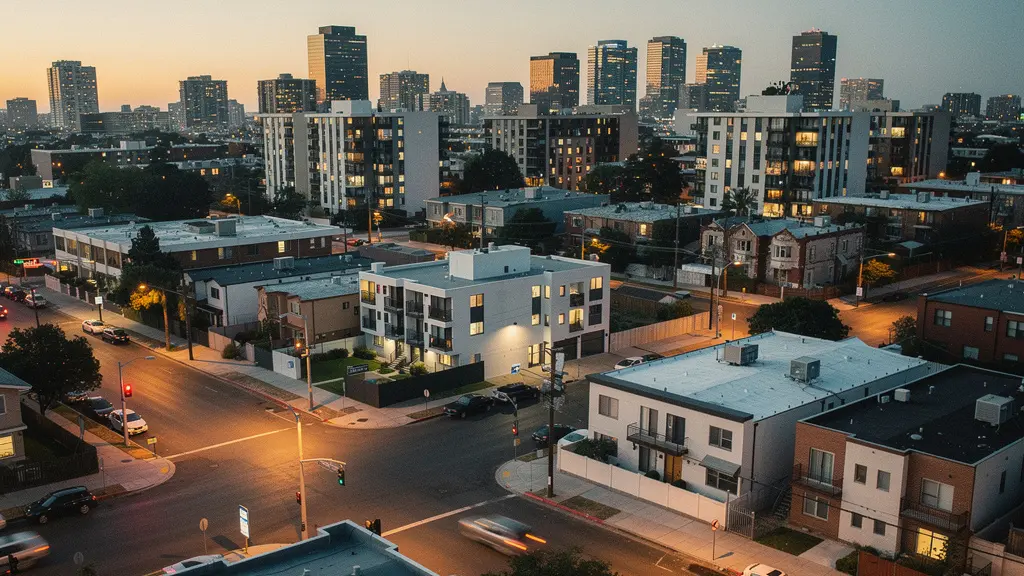 Barrio residencial al atardecer con diferencias de iluminación y seguridad entre zonas