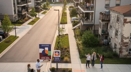 Contraste entre familias viendo viviendas cerca de colegios exclusivos y carteles inmobiliarios