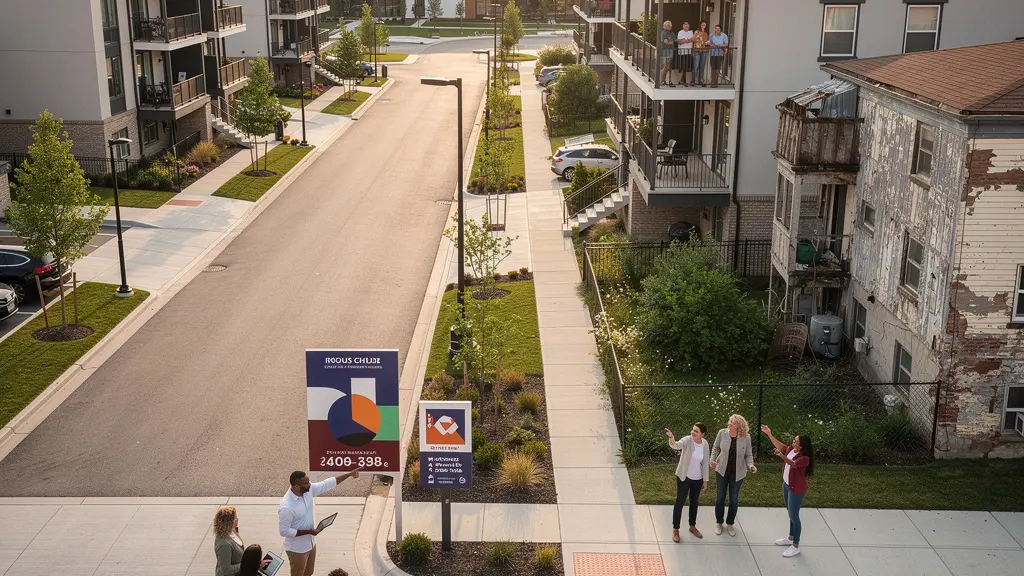 Contraste entre familias viendo viviendas cerca de colegios exclusivos y carteles inmobiliarios