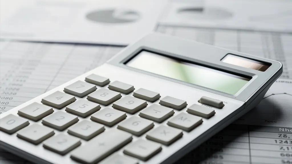 Vista macro de calculadora profesional mostrando cálculo de depreciación con documentos de inventario desenfocados