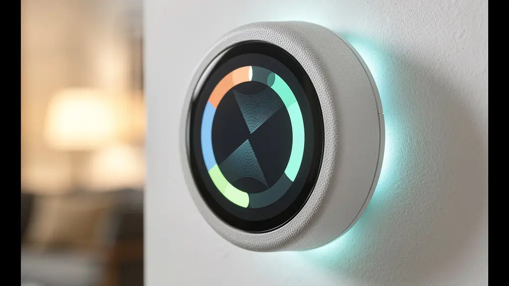 Termostato inteligente montado en pared con display digital mostrando temperatura