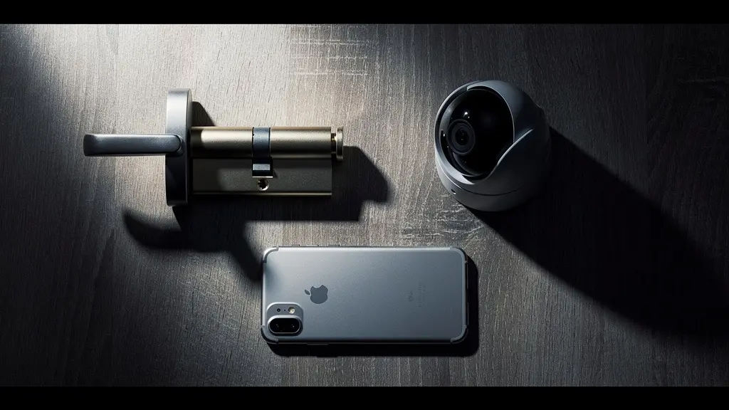 Composición visual mostrando elementos de seguridad doméstica integrados formando un triángulo de seguridad