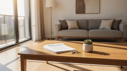 Vista panorámica de un salón moderno con documentos inmobiliarios ordenados sobre mesa de madera y luz natural entrando por ventanas