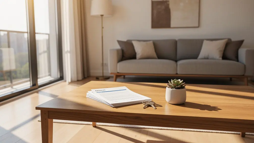 Vista panorámica de un salón moderno con documentos inmobiliarios ordenados sobre mesa de madera y luz natural entrando por ventanas