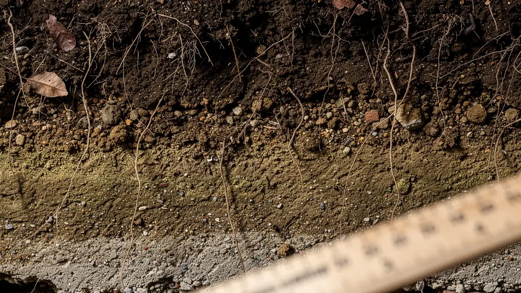Sección transversal del terreno mostrando capas de tierra vegetal y posibles escombros ocultos