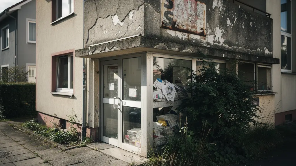 Edificio residencial mostrando señales de abandono y vulnerabilidad a okupación
