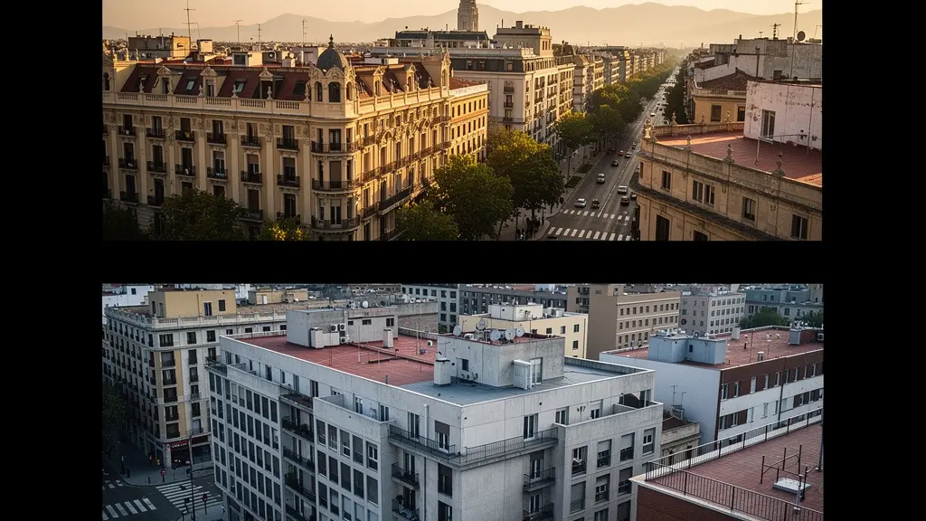Contraste entre edificios de lujo en zonas prime y construcciones estándar en la periferia urbana española