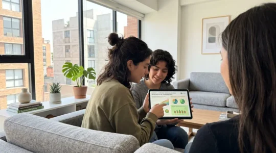 Una pareja joven consulta juntos una tablet en un sofá contemporáneo, ángulo lateral mostrando concentración compartida en la pantalla
