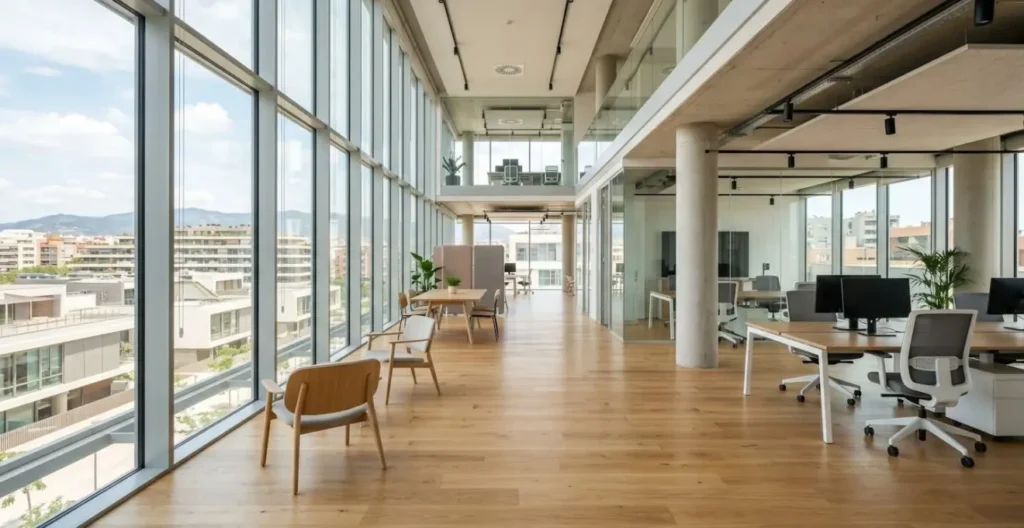 Wide angle shot de un espacio de oficina moderna vacío con arquitectura contemporánea, ventanales amplios con luz natural abundante, líneas limpias Wide angle shot de un espacio de oficina moderna vacío con arquitectura contemporánea, ventanales amplios con luz natural abundante, líneas limpias